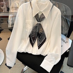 白色长袖衬衫女秋季穿搭2025新款polo领丝巾上衣女士宽松气质小衫
