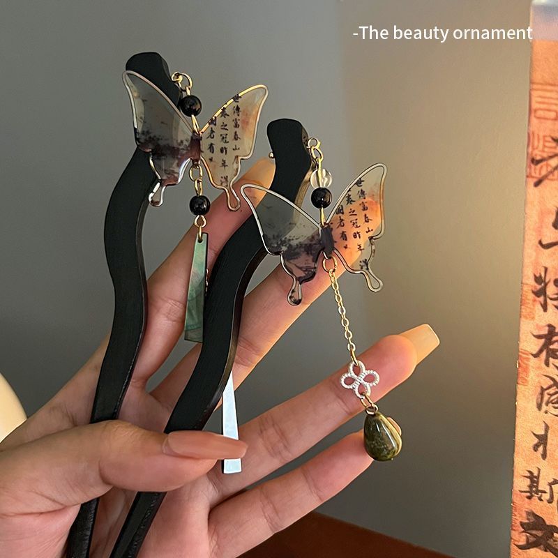 Nueva caligrafía china mariposa borla horquilla femenina estilo antiguo Tenedor de cabello Cabeza trasera updo horquilla de cabello estilo nacional horquilla de cabello accesorios de cabeza