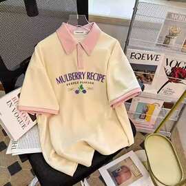 女童POLO衫夏季新款桑葚字母印花短袖T恤儿童学院风休闲上衣童装