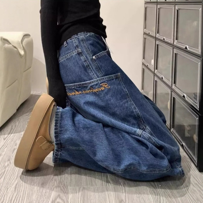 美式刺绣牛仔阔腿裤复古设计感大口袋弯刀裤子拖地阔腿牛仔裤女款