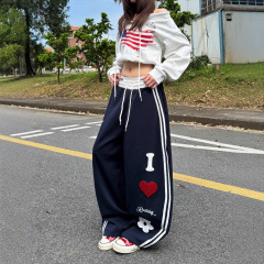 ME KAKAMEE十三行秋美式爱心字母刺绣阔腿撞色弯刀休闲裤女 A2813
