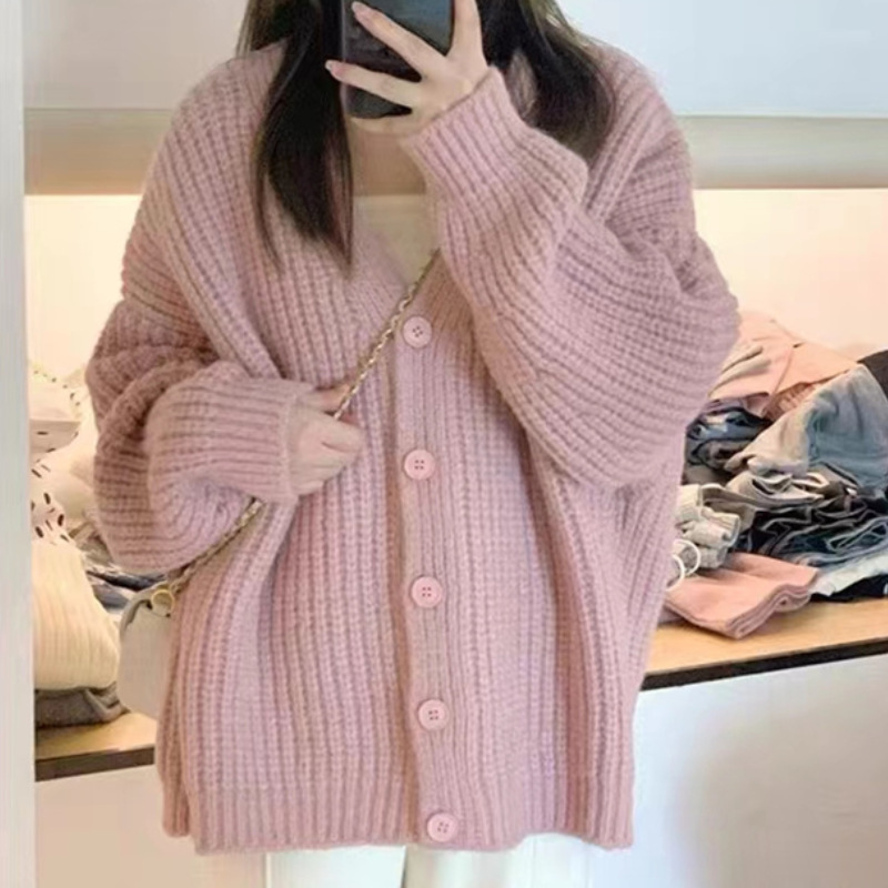 Spring, Autumn and Winter New Loose Pink Slim Knitted Cardigan Women's Thick Needle Large Size Women's Long Sleeve Soft Waxy Sweater Jacket