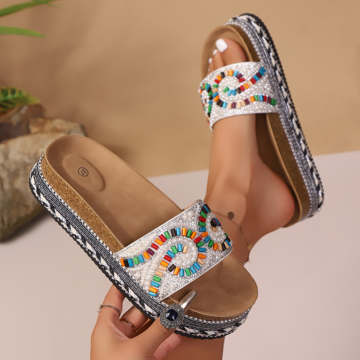 Women's Thick Soled Cork Beach Sandals New Style plus Size Rhinestone Ethnic Size 43_voghion.com