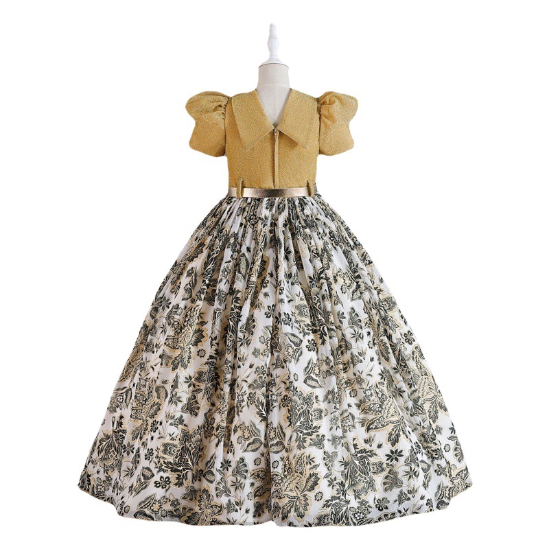 Comercio exterior nuevos niños ropa de gasa retro patrón de los niños vestido de las niñas desgaste de la cintura vestido de princesa vestido de niña