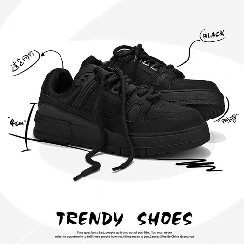 Black Warrior Men's Autumn Casual Pure Black Trend Low-top Skate Shoes Versatile Sports Thick Sole Baguette Fashion Shoes