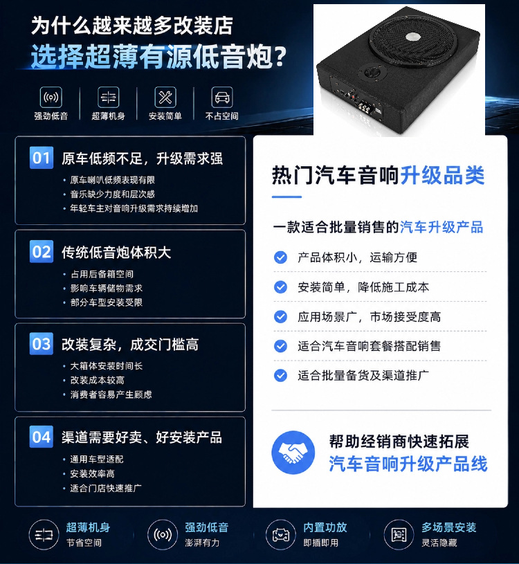 8/ 10inch Car-Mounted Ultra-Thin Subwoofer Wooden Box with Active Bass, Under-Seat Installation, with Tweeter, Bluetooth, Custom-Made, Direct Supply from Factory