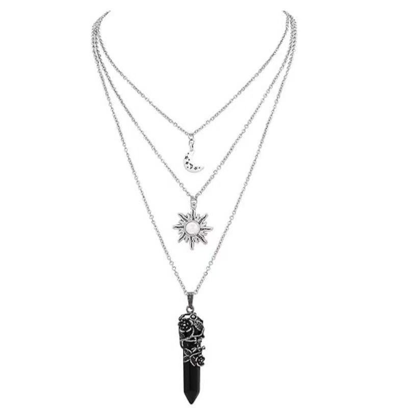 Amazon Dark Gothic Style Sun Moon Black Crystal Hexagonal Column Rose Multi-Layer Necklace Halloween Accessories