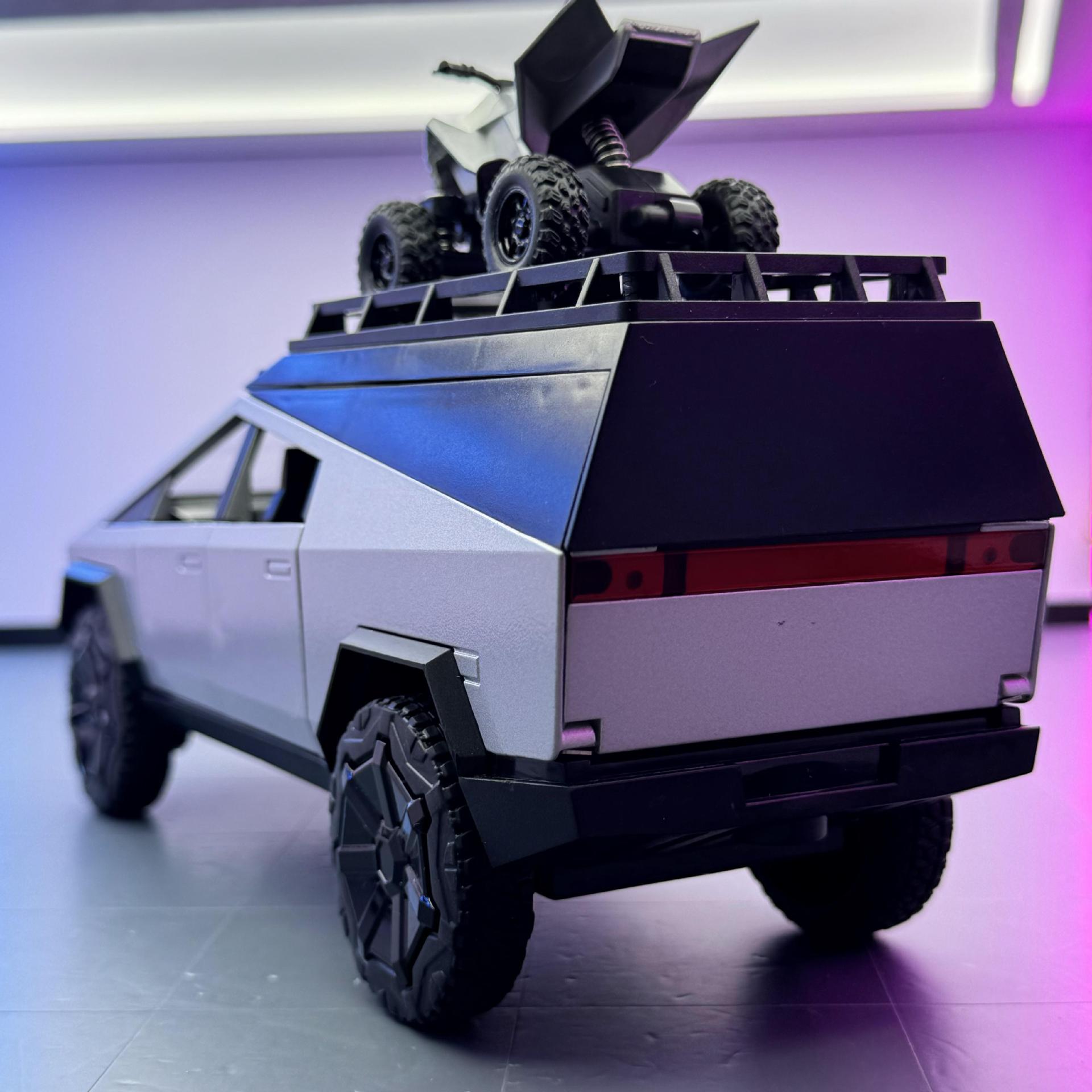 Coche a modelo de coche de aleación 1:24 Tesla Pickup Camping RV Sonido y luz atrás Coche de juguete Decoración del modelo musical