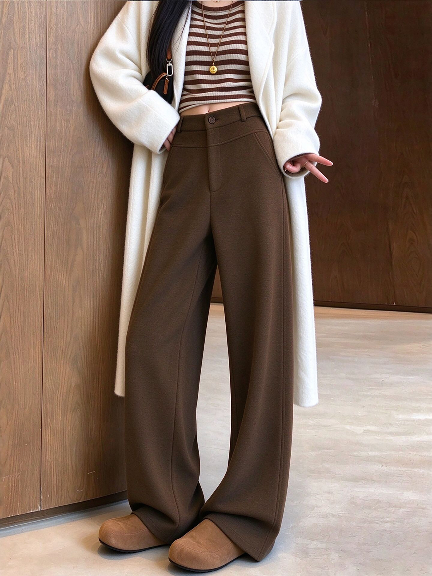 Brown Wool Wide-Leg Pants for Women, New Autumn and Winter High-Waisted Drapey Old Money Style Narrow Straight-Leg Woolen Suit Pants
