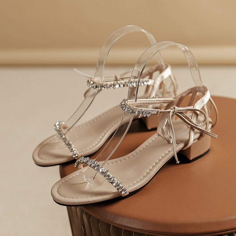 Women's Flat sandals 2024 New rhinestone strap lace-up hollow Roman shoes fairy all-match bow