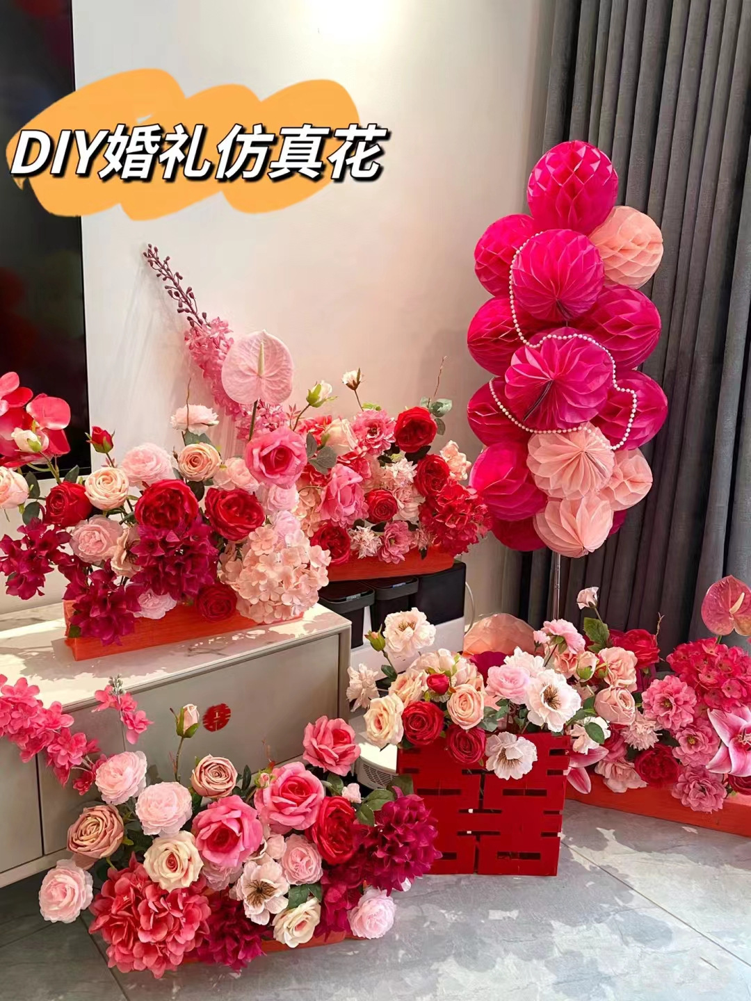 Wedding bedside decoration rose red artificial flowers wedding room layout floral fake flowers new homeowner bedroom table flower ornaments wedding