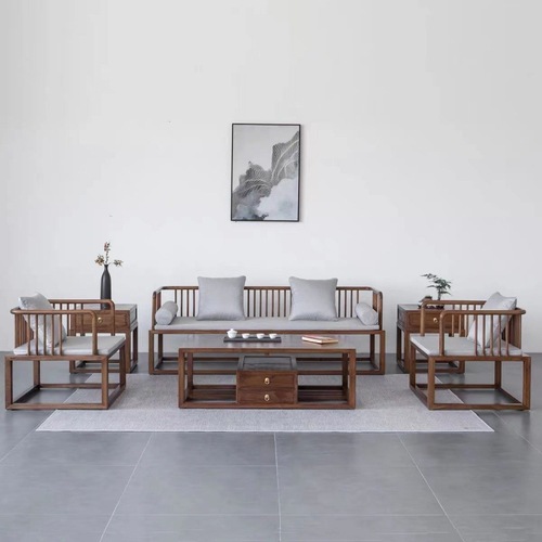 新中式沙发组合老榆木禅意实木茶几简约现代别墅客厅家具小户型