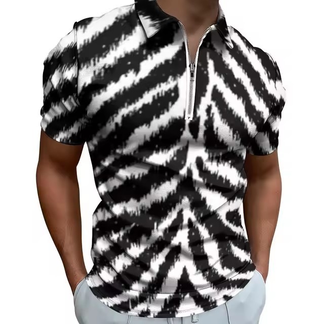 Camisa POLO con cremallera de manga corta suelta y transpirable con estampado 3D de graffiti a rayas irregulares de colores personalizados para hombres