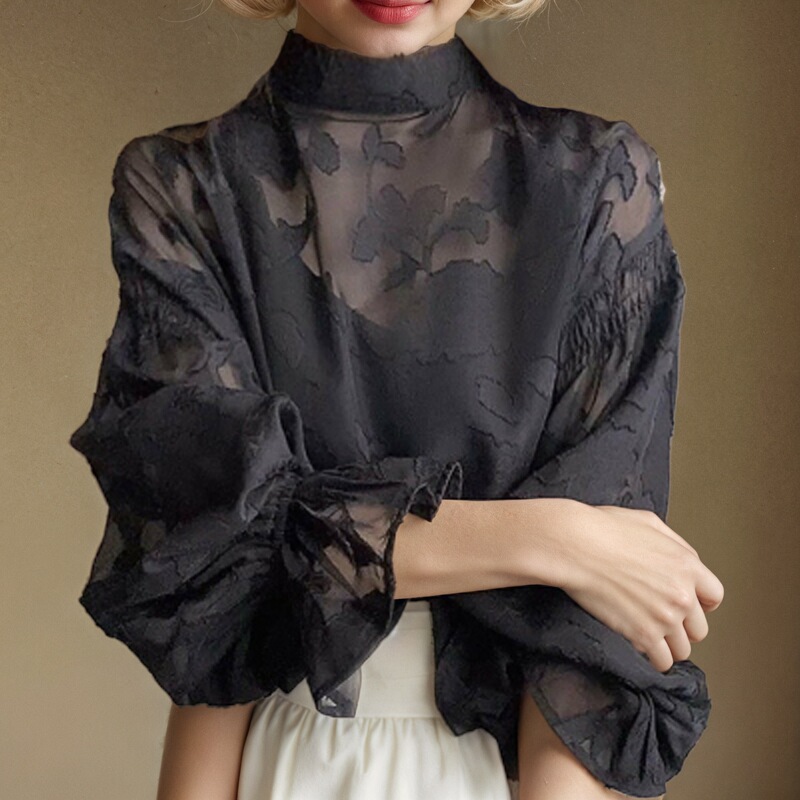 Cross-border Korean Japanese Foreign Trade New Women's Flower Bubble Sleeve Lace Shirt Chiffon Top Long Sleeve Shirt Two Cross-border Korean Japanese Foreign Trade New Women's Flower Bubble Sleeve Lace Shirt Chiffon Top Long Sleeve Shirt Two