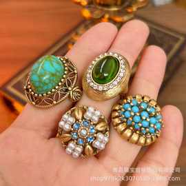 古董杂做旧铜材质戒指中古vintage松石镶嵌镂空珍珠雕刻开口戒指