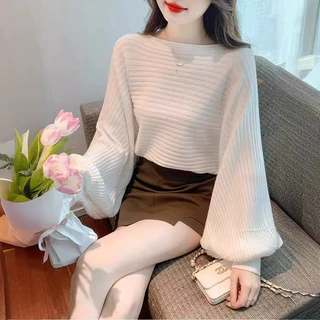 灯笼袖毛衣女春秋内搭一字领长袖打底衫2024秋装新款针织衫减龄女