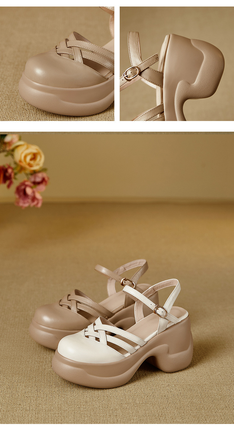 Sandal nữ quai chữ V đế bánh xốp dày dệt lồng phong cách La Mã — màu trắng ngà chi tiết 9