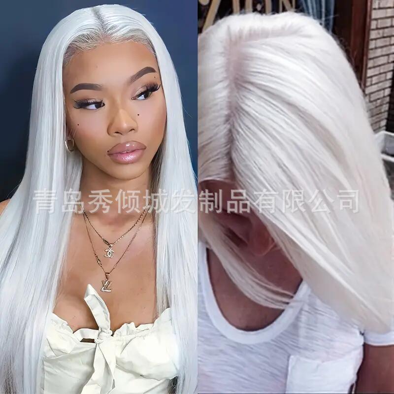 European and American wig women's front lace hand hook pure white free straight hair chemical fiber high temperature silk full head cover cross-border generation hair European and American wig women's front lace hand hook pure white free straight hair chemical fiber high temperature silk full head cover cross-border generation hair