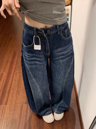 美式解构设计感弯刀裤牛仔裤阔腿裤大码女装秋冬宽松牛仔裤女长裤