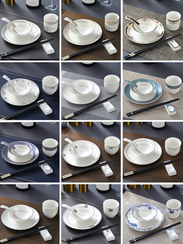 Hotel Tableware Set Ceramic Restaurant Hotel Dishes Bowls and Chopsticks Banquet Plate Four-Piece Set Gold-Rimmed Plate Z^