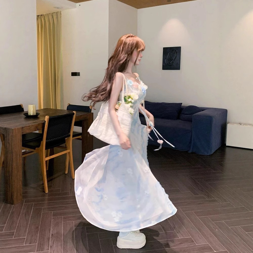 Daughter of the Sea, Holiday Style Design, Stereo Flower Niche Elegant, Sweet Waist-Cinching Floral Seaside Dress