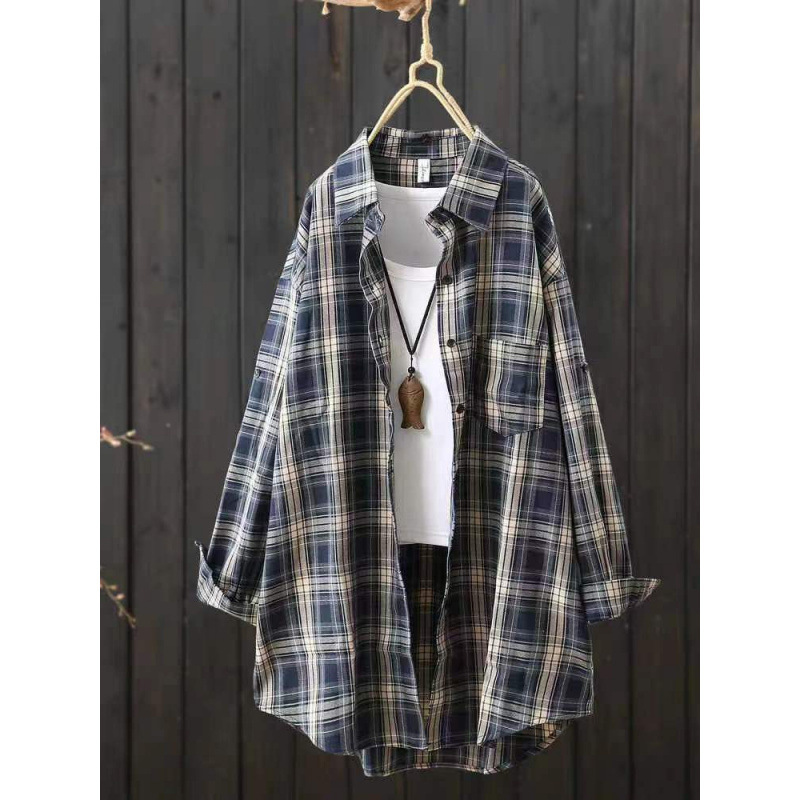 Cross-Border Foreign Trade Mid-Length Plaid Shirt Women's Fashion Versatile Long-Sleeved Shirt Casual Cardigan Thin Jacket Top Cross-Border Foreign Trade Mid-Length Plaid Shirt Women's Fashion Versatile Long-Sleeved Shirt Casual Cardigan Thin Jacket Top