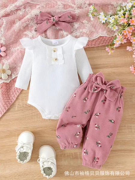 Cross-Border Three-Piece Girl's Long-Sleeved Bow and Floral Jumpsuit Suit Spring and Summer Soft Light Pink Clothing