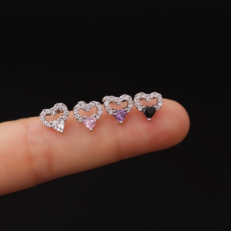 Simple Style Heart Shape Copper Plating Hollow Out Zircon Ear Studs
