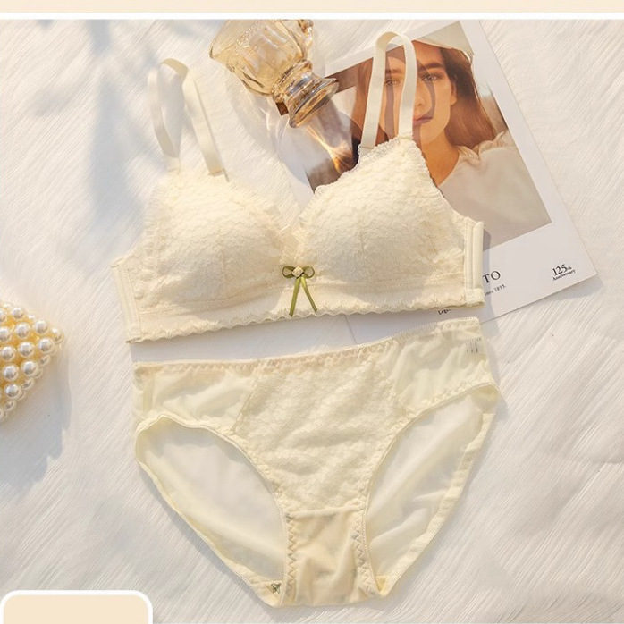 Lace Underwear Women's Thin Small Breast Push-Up Bra Set French Underwear Without Rims Big Breasts Showing Small Underwear