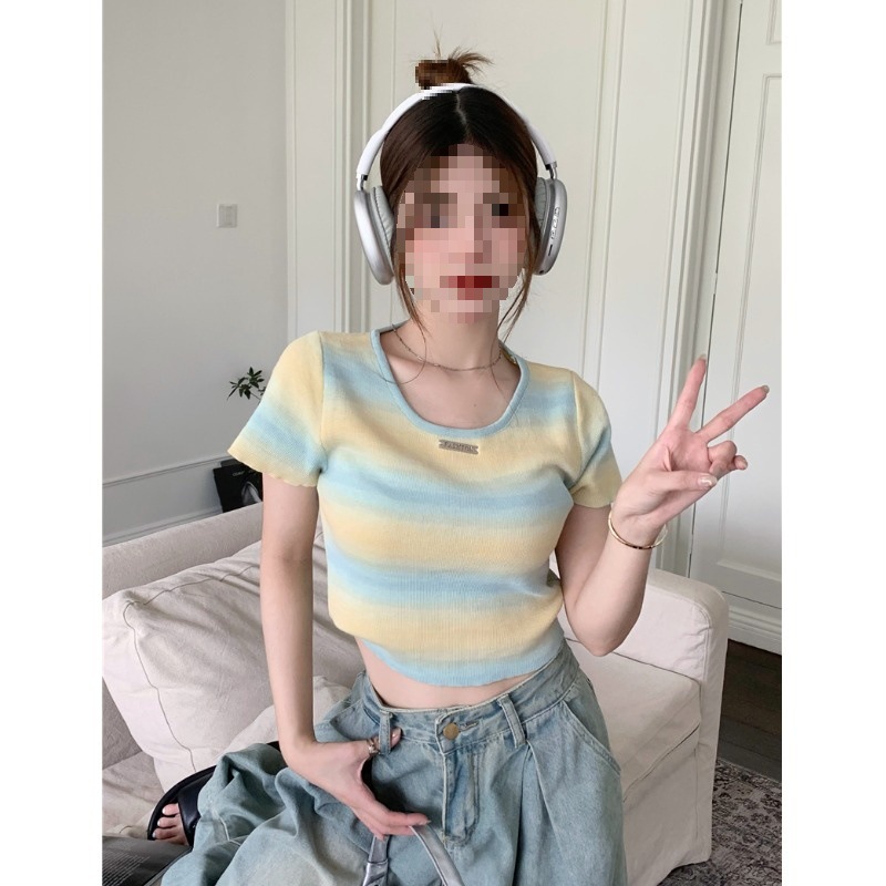 3592# Summer Dopamine Wear Rainbow Gradient Striped Knitted Shirt T-shirt Women's Western-style Age-reducing Short Top