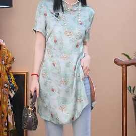 蓝色新中式改良旗袍上衣女新款夏中长款国风开叉绝美衬衫百搭新品