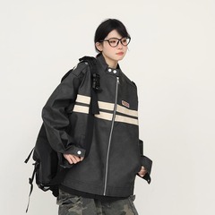 复古潮牌美拉德撞色机车皮衣外套男女春秋季美式宽松休闲小众夹克