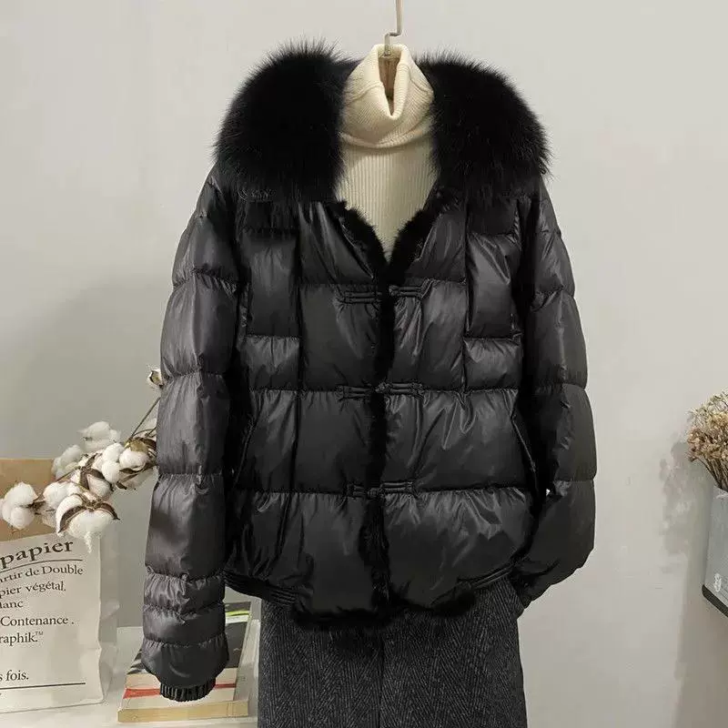Retro down jacket, fur‑trimmed puffer, short fit, toggles, sizes M–XL