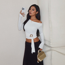 XY253法式时尚一字肩圆领长袖T恤女秋季不规则下摆修身纯色打底衫