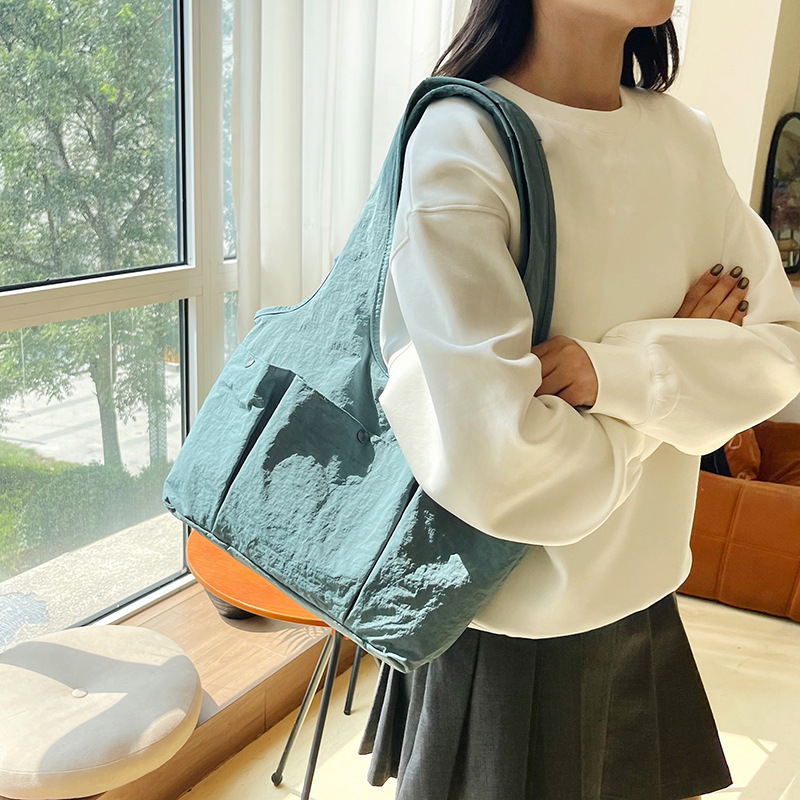 纯色单肩腋下包大容量托特包女气质新款韩版褶皱多口袋通勤手提包|undefined
