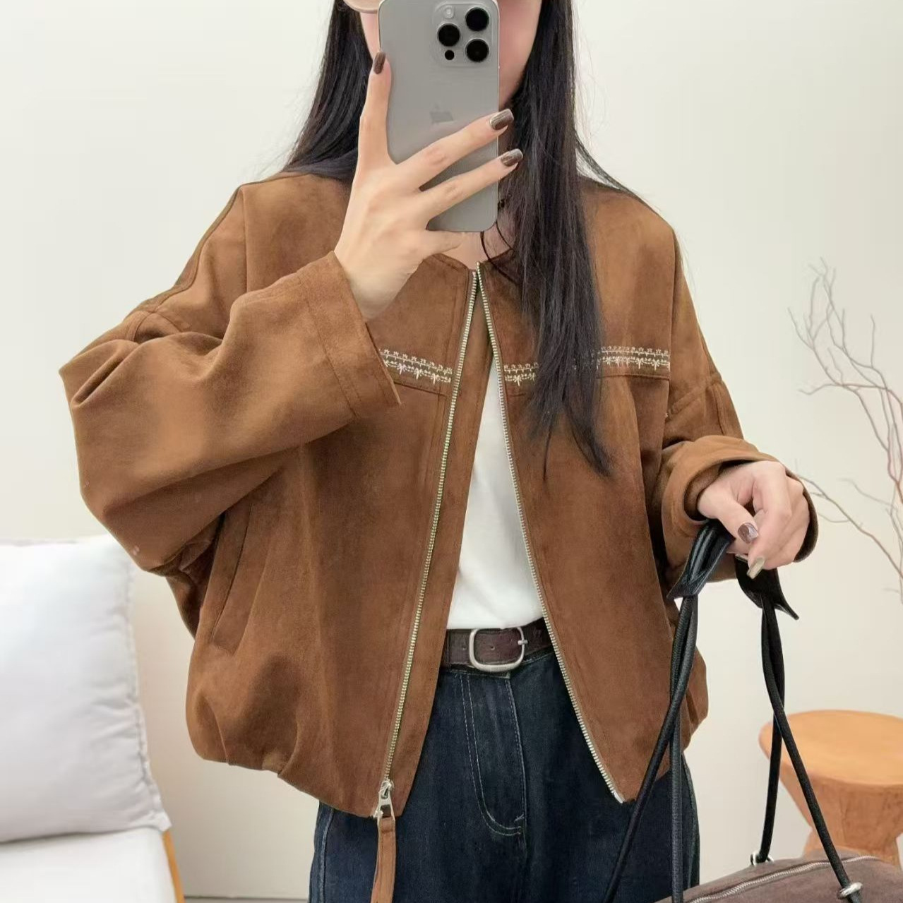 American Retro Suede Jacket for Women, Autumn New Loose Fit, Petite, High-End Short Jacket Top Trendy