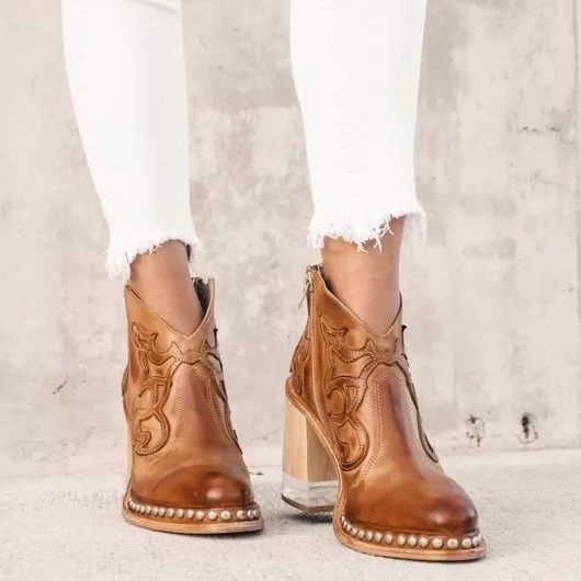 Women's Shoes short tube Martin boots women's medium heel pointed toe embroidered hot diamond boots _voghion.com