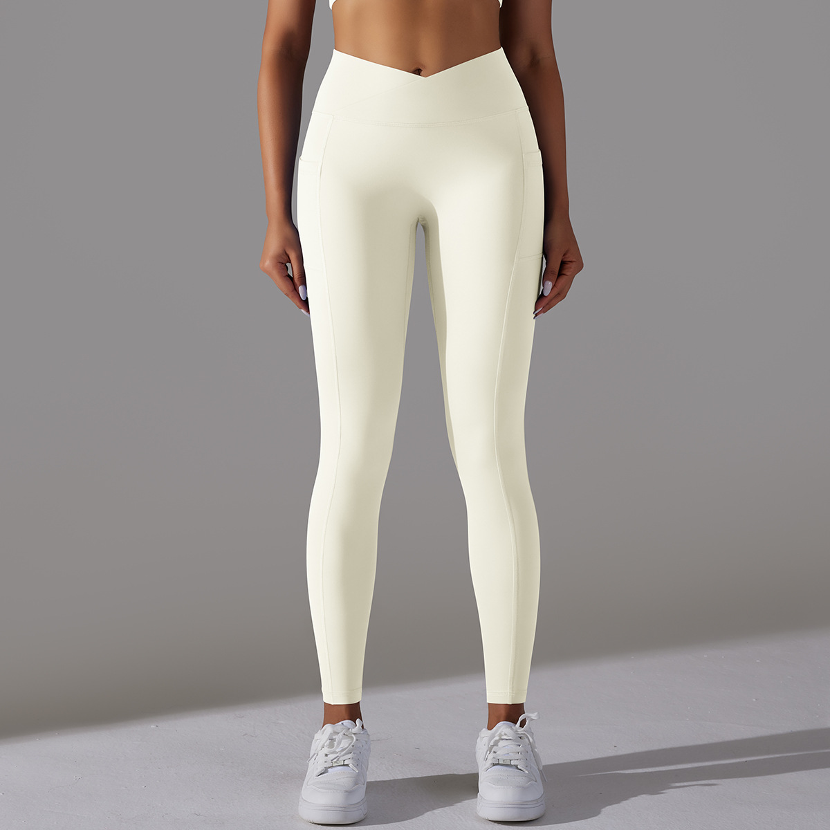 Abbigliamento da donna Pantaloni da yoga con tasca sui fianchi incrociati in nylon double face a vita alta, pantaloni da fitness da corsa sportivi_voghion.com