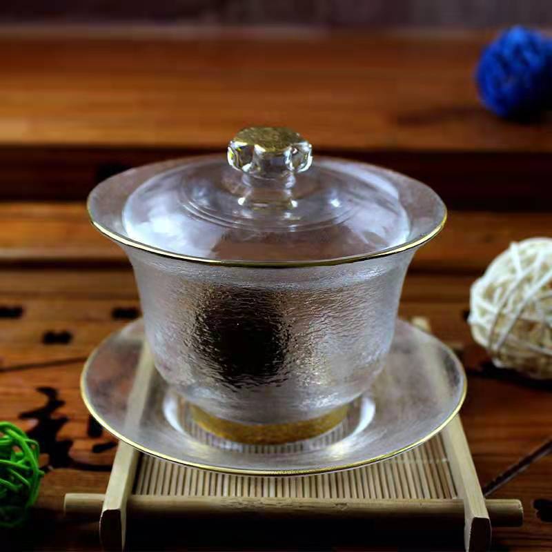 Tazón para té de vidrio de gran capacidad Sancai, borde dorado hecho a mano, resistente al calor, no quema las manos, producto de alta gama