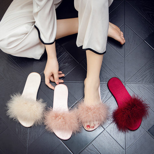 Wedding Morning Gown with Slippers New Style Mao Mao Women's Outer Wear Fashion Low Heel Wedding Bridesmaid Feather One-Slip Shops