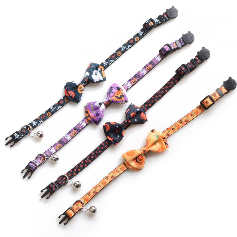 Serie de collares para mascotas de Halloween collar de gato de cinta collar de gato con arco de calabaza de Halloween collar de gato con campana