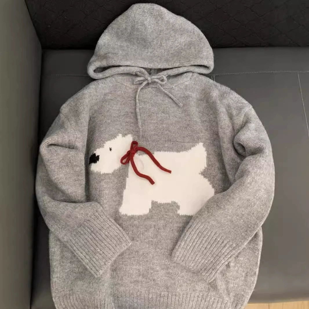 Knitted Hooded Sweater, Teen Unisex, Demi-Season Gray, One Size, Dog Motif