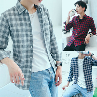 2023 new men's long-sleeved shirt men's youth fashion plaid shirt Korean-style slim fit all-match shirt