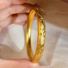 沙金古法实心莲花闭口手镯手环彷金镯子宽版黄金色高端饰品