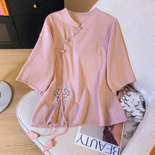 实拍2026年夏季新款棉麻对称小团花飘绳立领斜盘扣中袖上衣女