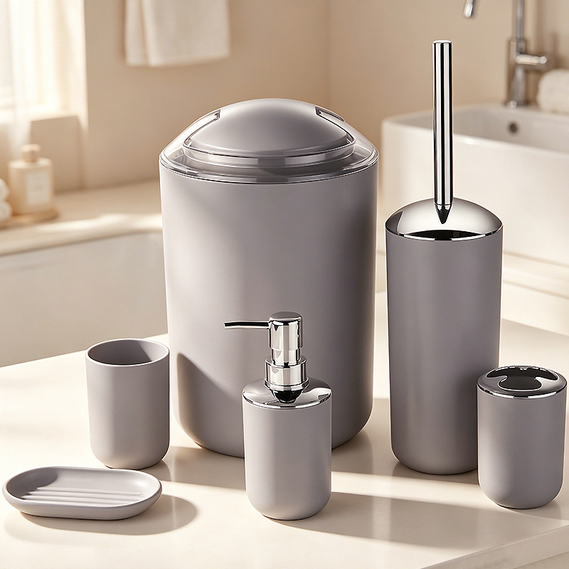Kit de baño set de artículos de higiene set botella de desinfectante de manos cepillo de dientes taza cepillo de inodoro bote de basura set de 6 piezas image 9