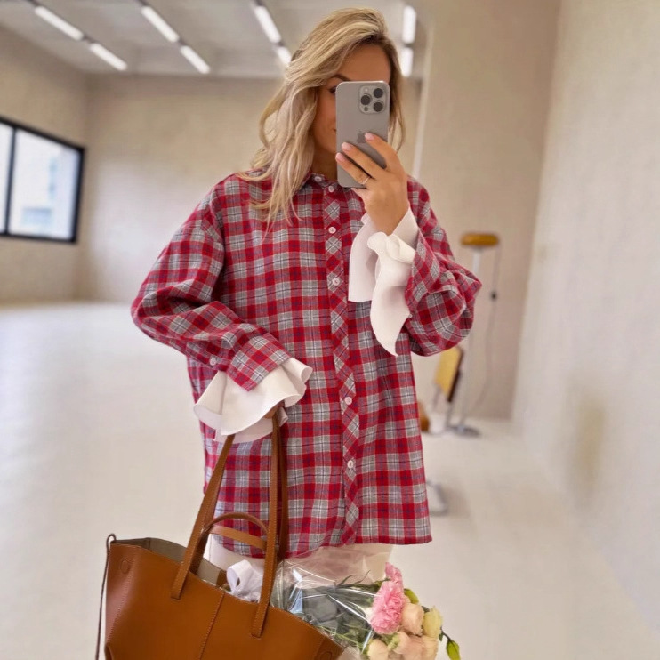 American Fashion Plaid Shirt Women's Red and Blue Contrast Lapel Cross-Border Casual Loose Shirt Plaid Sun Protection Jacket