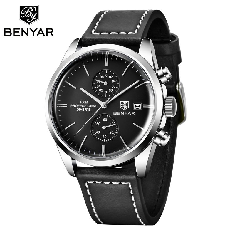 BENYAR Binya 5187 nuevo movimiento de cuarzo multifuncional correa de cuero reloj de calendario casual de negocios para hombres
