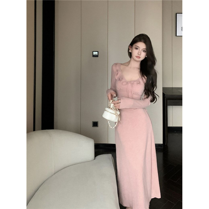 Spring and Autum Ruffled Strap Bottoming Long Skirt 2025 New Knitted Hip-Hugging Dress Women's Pink Skirt