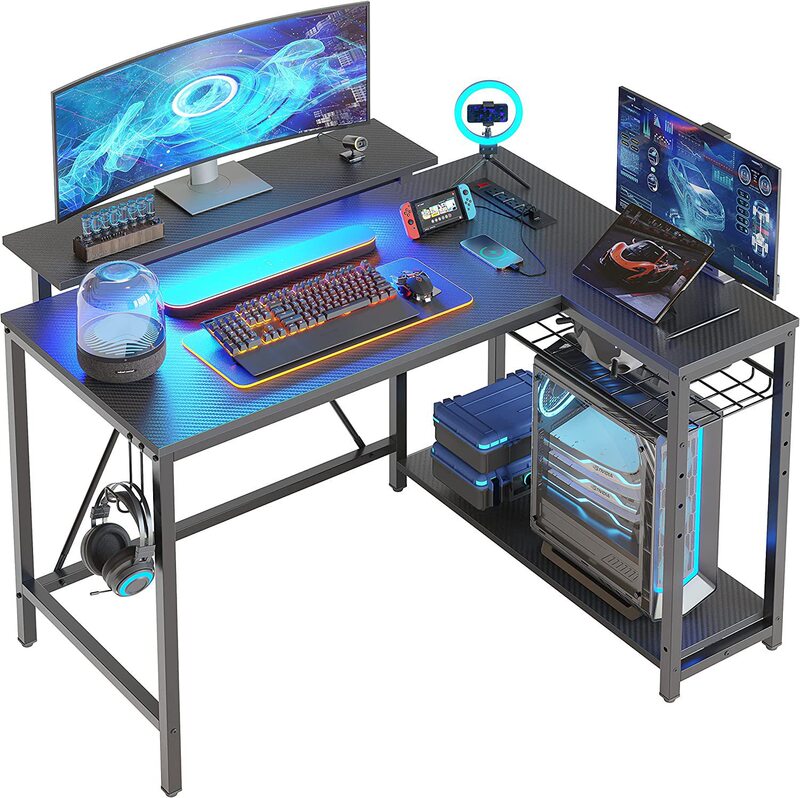 L-Shaped Gaming Desk with Power Socket with Led Monitor Stand Reversible Mounted Storage Shelf Corner Gaming Desk Customizable